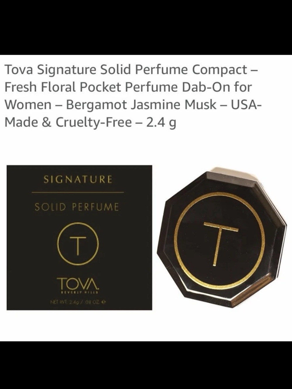 Tova Signature 
Signature Black and Gold Solid Perfume Compact by Tova